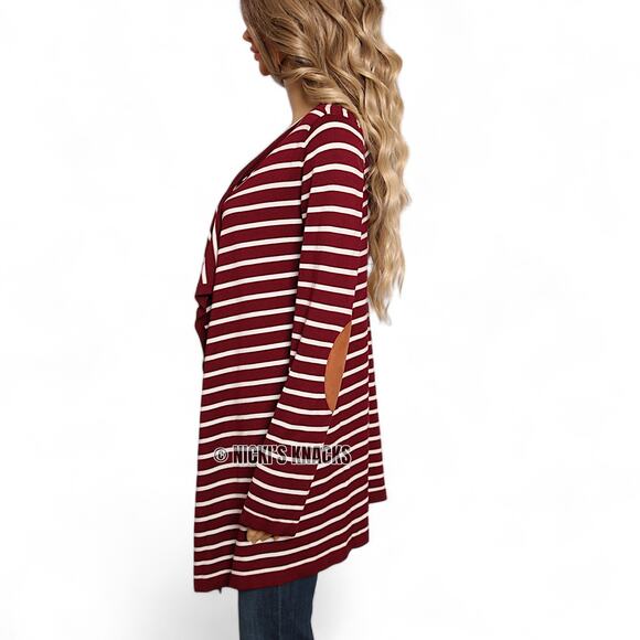 Stitch Fix Striped Waterfall Cardigan Red White Open Front Elbow Patch Size M - Picture 4 of 9